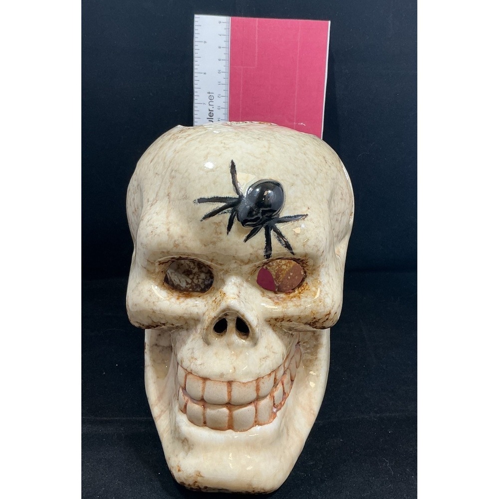 Ceramic Skull Candle Holder Halloween Decor Spider Bat Cutouts Mottled Glaze - Picture 9 of 10